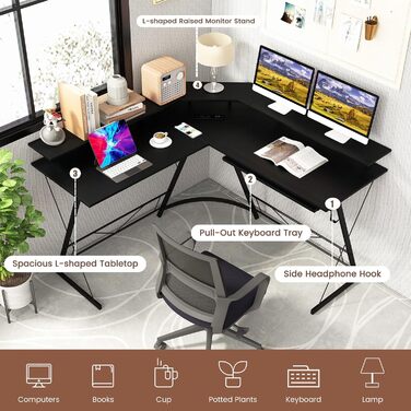 Кутовий стіл LIFEZEAL L-подібної форми, комп&39ютерний стіл з кріпленням для монітора, стіл із зарядною станцією, підставкою для клавіатури та гачком для навушників, кутовий стіл для дому, офісу, спальні (коричневий)