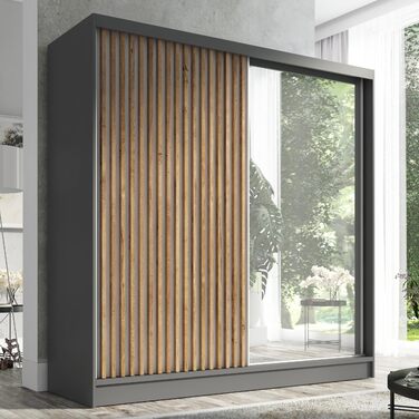 Шафа-купе A&J MbelLand LINA з розсувними дверима, 200 см, з дзеркалом, 3 шухлядами та 3D-ламелями (графіт)