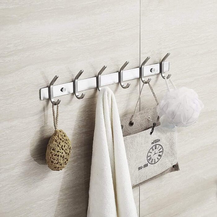 Гачок-рейка з нержавіючої сталі гачки для одягу матовий вигляд подвійні гачки до 30 кг вантажопідйомність гачки (срібло, 6 гачків)