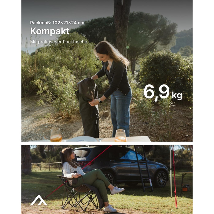 Кемпінгове крісло qeedo Johnny Relax з функцією відкидання, вантажопідйомність до 105 кг, розкладне крісло з підставкою для ніг, тримачем для напоїв та відділенням для охолодження, зручне, регульоване рибальське крісло або крісло для фестивалю, темно-сіри