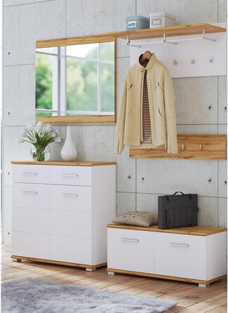 Шафа для одягу Lomadox 5 предметів з дзеркалом та лавкою для взуття в білому кольорі з дубом Шафа для передпокою в сучасному стилі