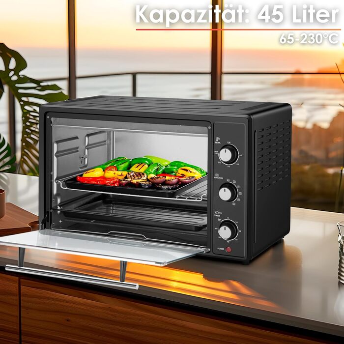Міні-піч 45 літрів з конвекцією Електричний гриль 1800 Вт Конвекційна піч Піч для піци Внутрішнє освітлення З деком для випікання та решіткою для гриля Міні піч Мала духова шафа Міні піч