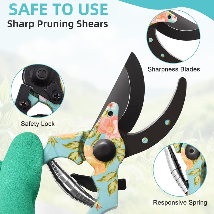 Набір садового інструменту з квітковим принтом (4 шт.) ідеальний подарунок для садівників, включає лопатку, секатор, граблі, рукавицю та інші аксесуари для догляду за садом, колір зелений