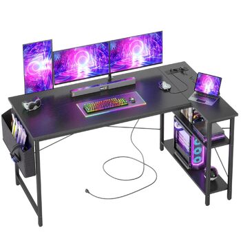 Ігровий стіл BEXEVUE L-подібної форми, 140 x 70 см, двосторонній ігровий комп&39ютерний стіл з розетками та боковими кишенями, кутовий стіл для офісу та дому, міцніший X-подібний кронштейн, чорний 140 x 70 см (подовжувач)
