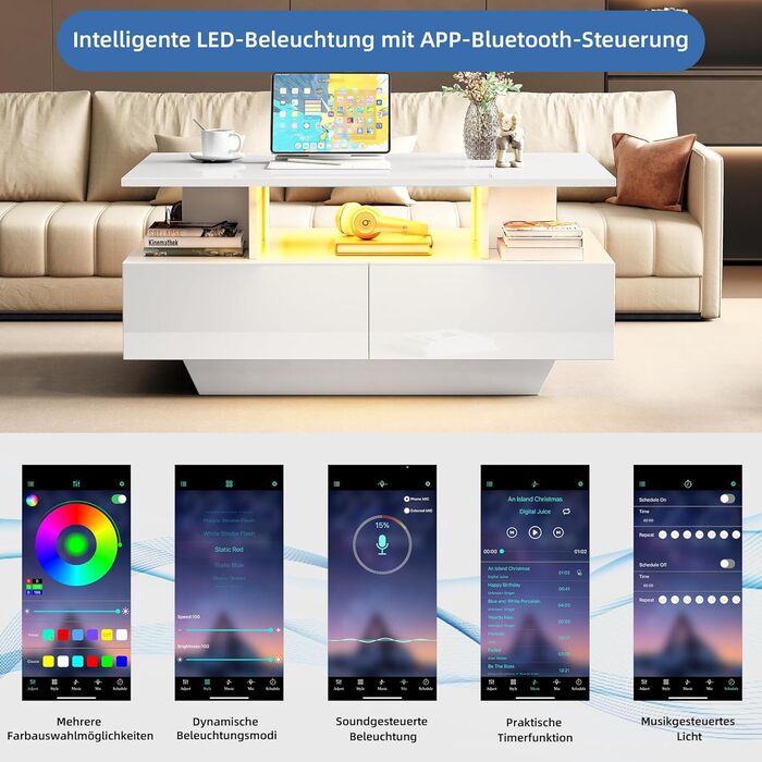 Журнальний столик Merax глянцевого білого кольору, стіл для вітальні зі світлодіодним підсвічуванням, журнальний столик з 2 шухлядами, відкриті відділення, стильний столик для дивана, бічний столик, чайний столик, елегантний прямокутний центральний столик