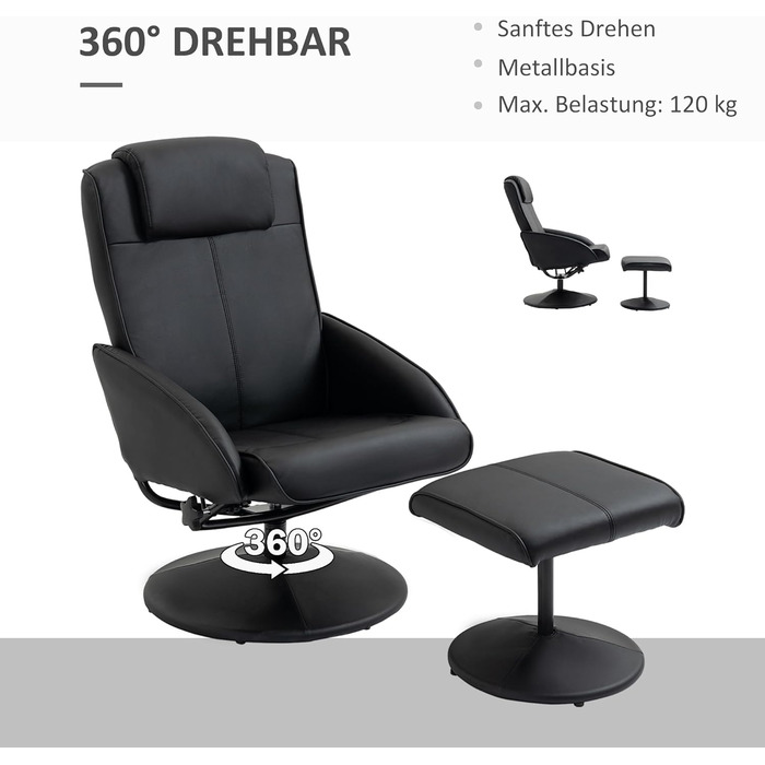 Крісло для телевізора HOMCOM з пуфом для ніг, поворотне на 360 з функцією відкидання, крісло для телевізора, крісло для читання для вітальні, спальні, штучна шкіра, чорний колір