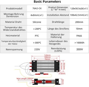 Нагрівач 200 Вт 220 В PTC ізольований керамічний повітряний нагрівач, PTCYIDU керамічний повітряний нагрівальний елемент постійної температури PTC електричний нагрівач керамічний нагрівач для зволожувачів повітря 76a2-220v-200w