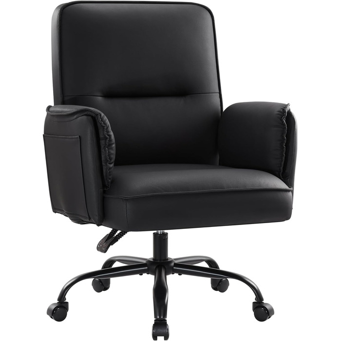 Офісне крісло IWMH, ергономічне робоче крісло зі штучної шкіри, потовщені подушки, крісло для керівника з широким сидінням та колесами, поворотне крісло з можливістю відкидання на 90-135, туалетне крісло, регульована висота з підлокітниками (чорне)