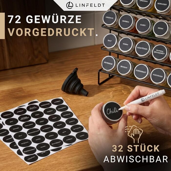 Підставка для спецій на 28 банок - 108 наклейок ручка шурупи для підвішування - Підставка для спецій на місці - Банки для спецій з полицею (спеції не входять до комплекту) - 34,5x25x11,5 см, Чорний