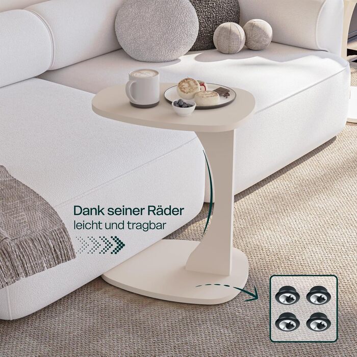 Приставний столик для дивана з колесами, маленький С-подібний приставний столик, столик для дивана стильного пісочно-бежевого кольору, маленький журнальний столик для вітальні, ідеальна поверхня для ноутбуків, чашок - Norma