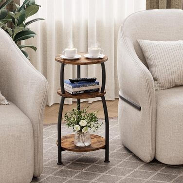 Круглий журнальний столик, маленький круглий столик з 3 ярусами, маленький журнальний столик з місцем для зберігання, тумбочка біля ліжка, журнальний столик, журнальний столик для вітальні, спальні, металевий, сучасний (коричневий) Коричневий Чорний