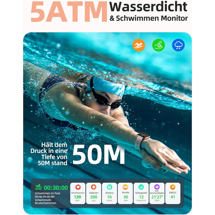 Жіночий смарт-годинник Parsonver із водонепроникністю 5 атм, спортивний годинник для плавання, фітнес-годинник 1,8 дюйма HD для жінок із понад 100 спортивними режимами, відстеженням серцевого ритму та сну, смарт-годинник для Android та iOS, рожеве золото,