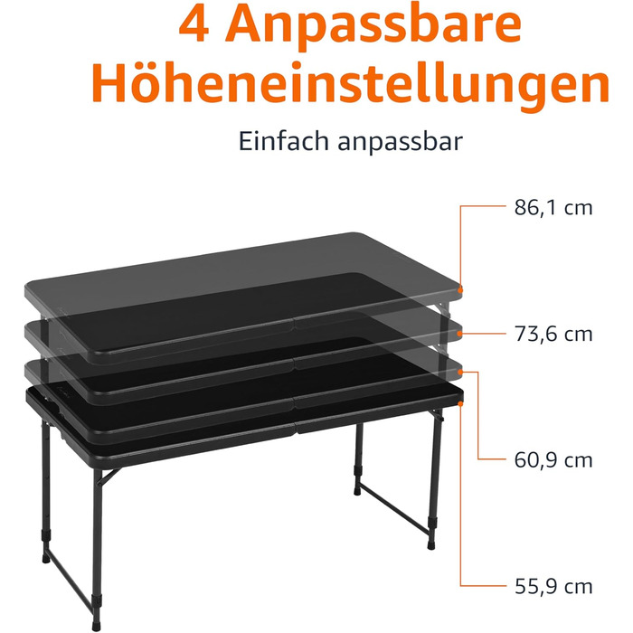 Розкладний стіл Storeo Basics, прямокутний, регульований по висоті в 4 напрямках з ручкою для перенесення, для використання в приміщенні та на вулиці, портативний, легкий, дорожній стіл, для пікніка, кемпінгу, чорний, 121,4 x 60,7 x 86,1 см, 1,2 м, митий 