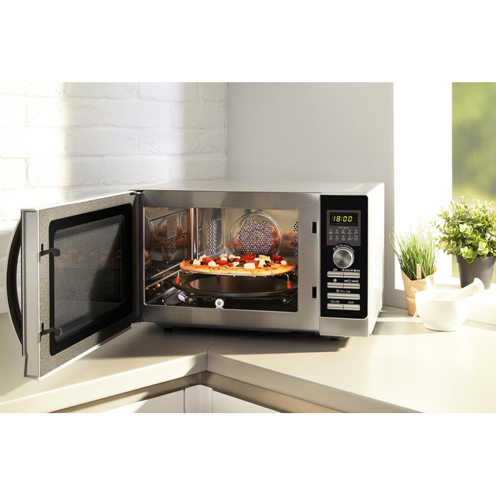 Мікрохвильова піч Sharp R843INW 4-в-1 з гарячим повітрям, грилем і конвекцією/ 25 л/ 800 Вт/ 1000 Вт інфрачервоний гриль/ 2500 конвекція/ 10 автоматичних програм/ програма для піци/ металевий поворотний стіл (30 см)/ срібло Одинарний