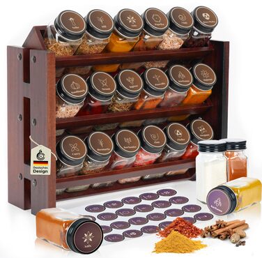 Елегантна підставка для спецій з темного дерева, настінна та настінна, 18 баночок для спецій, 25 етикеток, органайзер для спецій, підставка для спецій, кухонна полиця, вінтажна дерев&39яна підставка для спецій - підвісна система підставок для спецій - збе