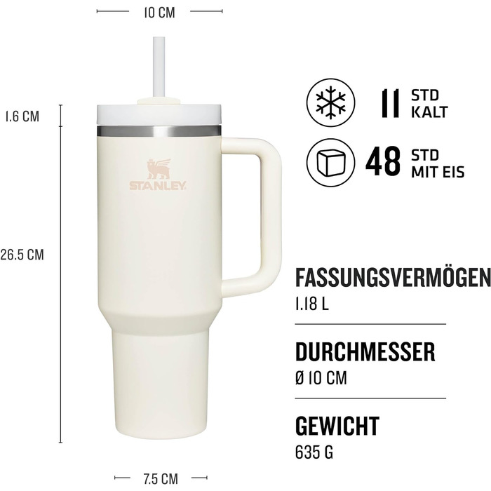 Пляшка для води Stanley Quencher H2.0 FlowState з соломинкою 1,2 л - термокружка охолоджує 11 годин - 48 годин Ice-Cold - Можна мити в посудомийній машині - термос Пляшка BPA Free - Кавова кружка на винос - чорна (кремовий тональний)