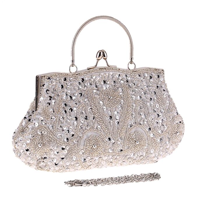 Клатч Перлинний Вечір - Розкішна жіноча сумочка з перлів та ланцюжка для вечірок та урочистих подій. Срібляста перлинна сумочка для нареченої.
