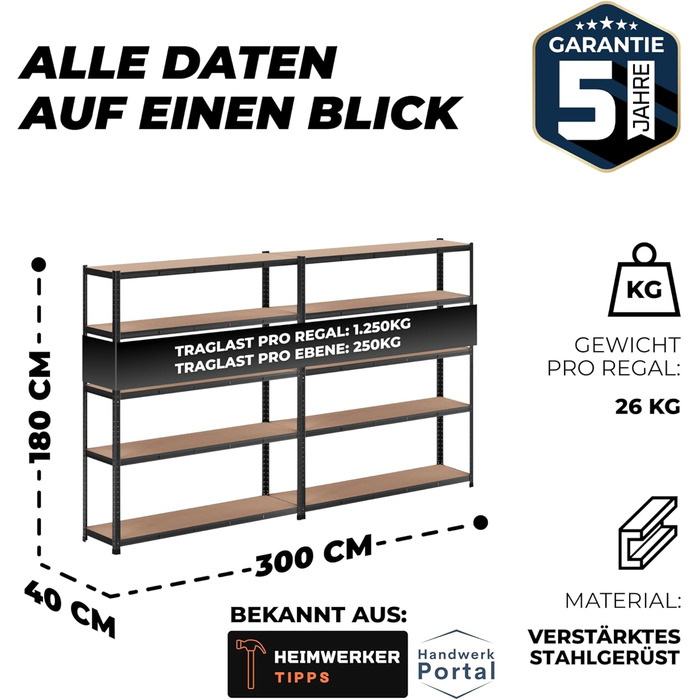 Високоякісний надміцний стелаж ALL Premium, комплект з 2 шт. , 180x150x40 см, чорний, вантажопідйомність 1250 кг, міцний стелаж, глибина 40 см, підходить як металева полиця для зберігання, полиця для майстерні та металевий стелаж, чорний, універсальні сте