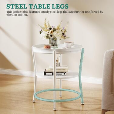 Круглий журнальний столик YITAHOME з двоярусним місцем для зберігання та знімним підносом, журнальний столик для вітальні, спальні або квартири, міцний журнальний столик, регульовані ніжки, білий, 45 x 45 x 53 см