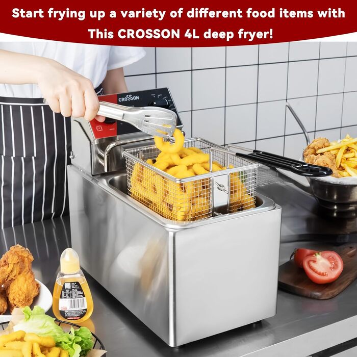 Електрична настільна фритюрниця з легкою в очищенні обертовою головкою фритюрниці, таймером на 30 хвилин, знімним масляним баком 304 SS з ручкою (4 л з одним баком), 4L