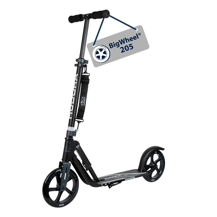 Самокат HUDORA BigWheel 205 стабільний алюмінієвий міський самокат, складаний, з регулюванням висоти та підніжкою, для дітей та дорослих (до 100 кг), чорний/антрацит