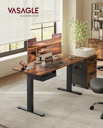 Електричний стіл VASAGLE з регульованою висотою, розеткою та шухлядою, 60 x 140 см, плавне регулювання висоти, функція пам&39яті з 4 висотами, вінтажний коричнево-чорний LSD114X01 140 x 60 см, вінтажний коричневий чорний