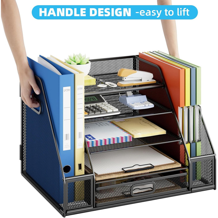 Органайзер для столу Marbrasse з тримачами для файлів, 5-ярусний лоток для листів з шухлядою та 2 тримачами для ручок, сітчастий лоток для настільних аксесуарів, тримач для журналів та офісного приладдя (чорний) 42 x 30 x 28 см