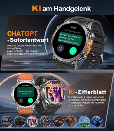Військовий смарт-годинник для чоловіків, спортивний GPS-годинник з 1,6-дюймовим AMOLED HD-дисплеєм, функціями телефону/чату/GPT/AI/5 спортивних режимів GPS/100 спортивних режимів, фітнес-годинник для Android та iOS (чорний)