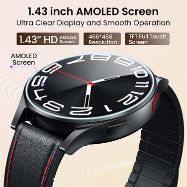 Чоловічий смарт-годинник з ЕКГ HDR-монітором артеріального тиску круглий AMOLED-смарт-годинник 1,43 дюйма зі шкіряним ремінцем, водонепроникний, пульсометр, крокомір, функція телефону, фітнес-годинник, сумісний з Android/iOS, чорний