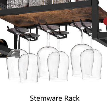 Настінна винна полиця VEDECASA промислового типу з 3 тримачами для парових келихів, часткова дерев&39яна полиця, чорний металевий тримач для пляшок, багатофункціональна винна вітрина для домашнього бару, їдальні, кухні, коричнева