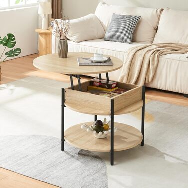 Круглий журнальний столик з підйомною стільницею, стіл для вітальні Kanda з місцем для зберігання, Ø70 x 49 см, невеликий столик з регульованою висотою та металевим каркасом, під дуб