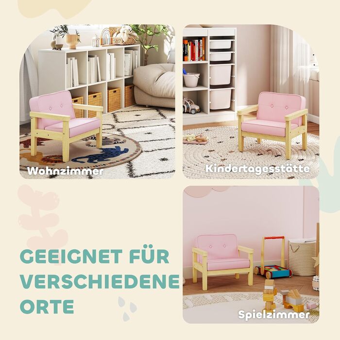 Дитяче крісло/диван AIYAPLAY з вельветовим ефектом, ніжки з масиву дерева, подушка з пінопласту, дитячий стілець для дитячої кімнати/ігрової кімнати, 46,5 x 44 x 45 см, для дітей 3-8 років, рожевий