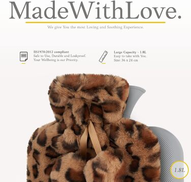 Грілка Qomfor з пухнастим чохлом - М&39який преміальний чохол зі штучного хутра - Велика місткість 1,8 л - Грілка для затишних ночей, полегшення болю, для спини, шиї та плечей - Чудовий подарунок - Коричневий леопардовий принт