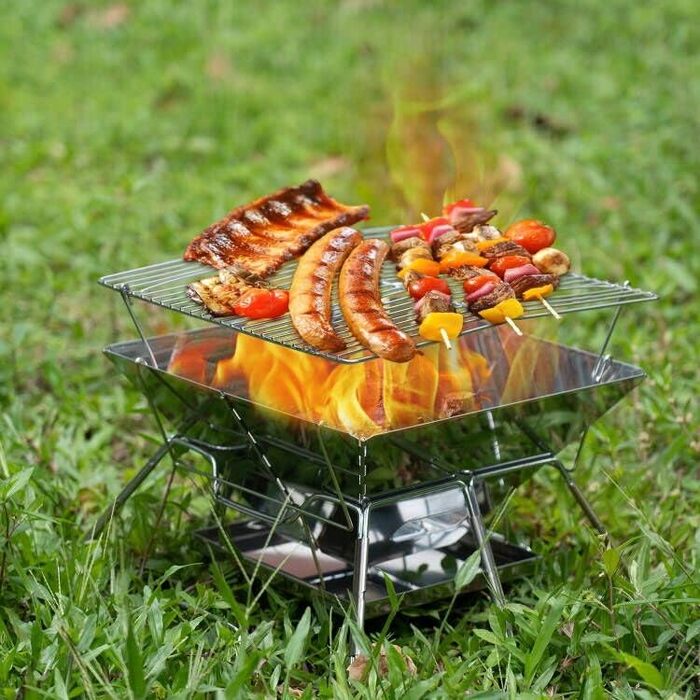 Портативний гриль на деревному вугіллі Tentock, гриль для пікніка, кемпінговий складаний гриль, нержавіюча сталь, відкритий плоский гриль для барбекю, вітрозахисний кемпінговий гриль з сумкою для перенесення для саду, походів, пікніка, риболовлі, срібляст
