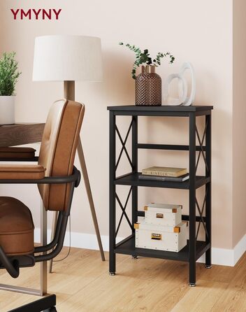Книжкова полиця YMYNY, окремостояча полиця з 3 полицями, міцна X-подібна рама, регульовані ніжки, легке складання, 402975 см, для вітальні, спальні, кухні, кабінету, ванної кімнати, чорна HST008B