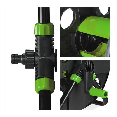 Котушка для шланга Relaxdays, для 30 м шланга 1/2, сталь, пластик, тримач шланга, 38 x 42 x 31 см, чорний/зелений