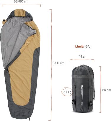 Спальний мішок Where Tomorrow Mummy, гірчично-жовтий / сірий, 220x80 см