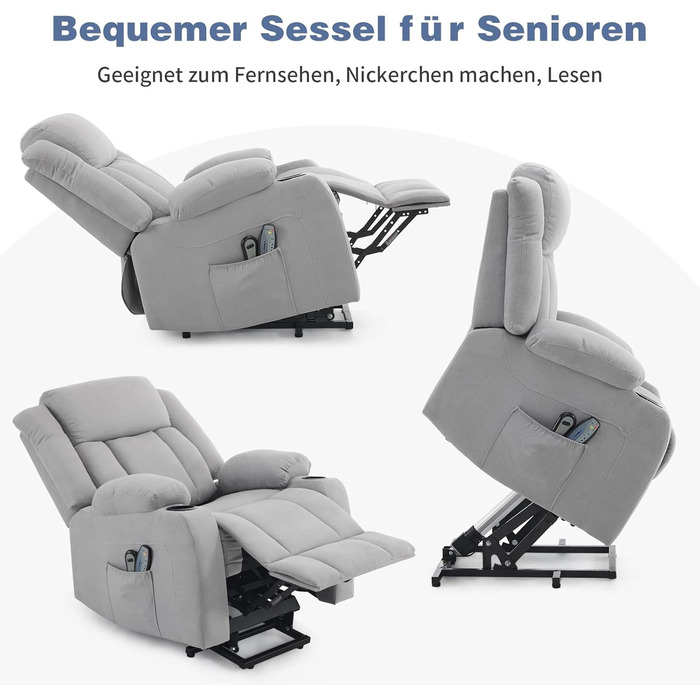 Крісло-реклайнер LEADZM для телевізора з підйомником, електричне масажне крісло з функцією відкидання, допомога вставанню, масаж, підігрів, 2 бічні кишені, підстаканник, світло-сірий