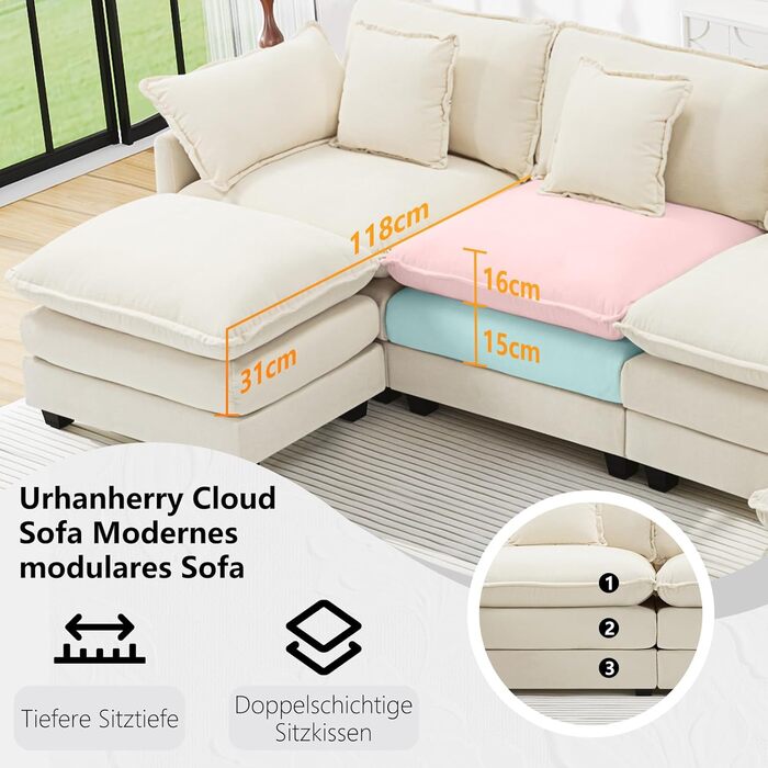 Подібний диван &quotХмара&quot, Модульний 4-місний секційний диван з оттоманкою, Сучасний диван з підлокітниками/декоративними подушками, Дихаюча тканина шенил, L-подібний диван для вітальні, Бежевий 240 см - L Бежевий