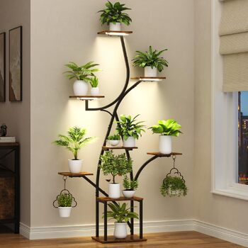 Підставка для рослин з лампою для вирощування, 8-ярусна квіткова полиця 160 см з металу та дерева, велика чорна квіткова полиця для використання в приміщенні та на вулиці, для вітальні, саду, балкону, декоративна, ширина 38 дюймів