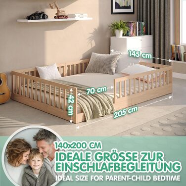 Дитяче ліжко CADANI Timi 140x200 см, підлогове ліжко, знімні захисні поручні, вантажопідйомність до 200 кг, висувна рейкова основа, ліжко Монтессорі з масиву сосни, 3 варіанти складання, трансформоване, натуральний колір 140 x 200 см