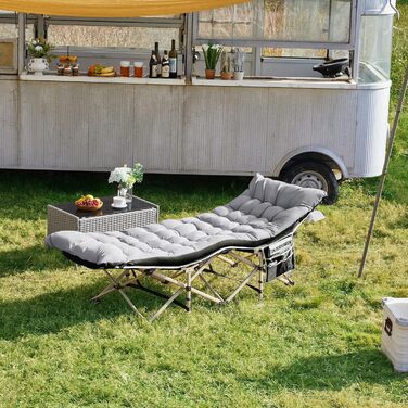Розкладне кемпінгове ліжко Yaheetech з матрацом, гостьове ліжко з сумкою для перенесення та бічною кишенею, 191 x 67 см, садовий шезлонг, вантажопідйомність до 150 кг, сірий матрац чорний каркас ліжка