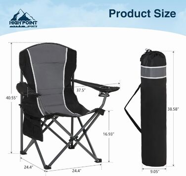 Складаний кемпінговий стілець HIGH POINT SPORTS, витримує до 160 кг, з підсклянниками, чорний