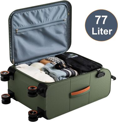 Середня валіза з м&39якими стінками 66x44x28 см - Тканинна валіза на візках - Легка дорожня валіза з 4 колесами та кодовим замком, ручна поклажа, 77 літрів, зелена