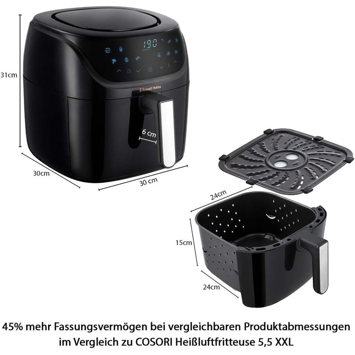 Аерофритюрниця Russell Hobbs XXL 8 л компактний корпус 7 функцій приготування10 програм AirFryer (можна мити в посудомийній машині, макс. 220C, фритюрниця без олії, гриль, запікання, смаження, зневоднення) SatisFry 27170-56