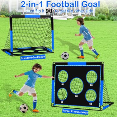 Футбольні ворота 2-в-1 для дітей, 150 x 120 см, портативні та стабільні футбольні ворота з 5 зонами для удару, 4 кріпленнями для землі та 1 сумкою для перенесення, стабільні для саду, парку, пляжу, сині 150 x 120 x 120 см