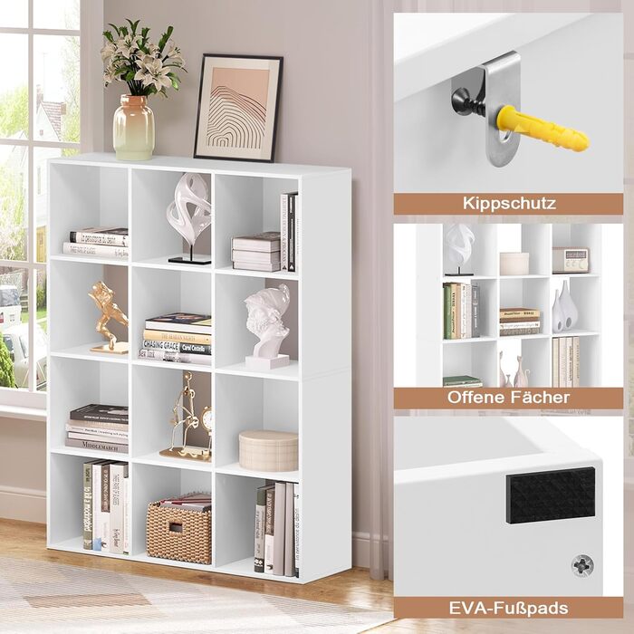 Книжкова полиця eSituro з 12 відділеннями, окремостояча кубічна полиця, відкрита полиця-перегородка для кімнати, сучасна стояча полиця, для вітальні, дитячої кімнати, офісу, спальні, 9120x29 см, білий