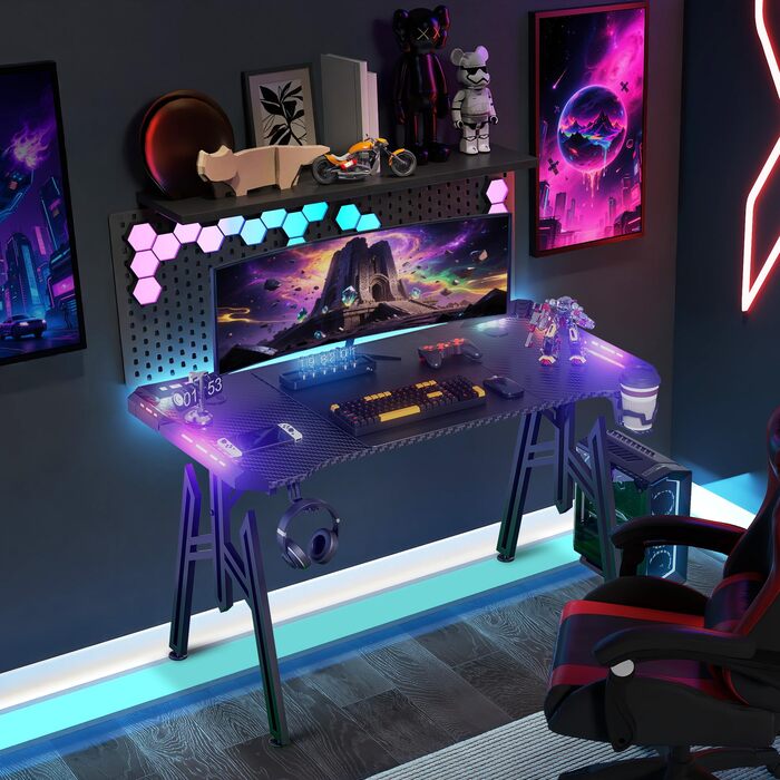 Ігровий комп&39ютерний стіл зі світлодіодним підсвічуванням 160x60 см, чорний, ПК-стіл з підставкою для чашок та гачком для навушників, ергономічний ігровий стіл M-подібної форми, ігровий стіл з вуглецевим волокном для спальні/кабінету, 160x60x73 см