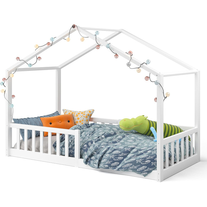 Дитяче ліжко Bellabino Bia 90x200 см, дитяче ліжко для дому з захистом від випадіння та висувною рейковою рамою, підлогове ліжко М