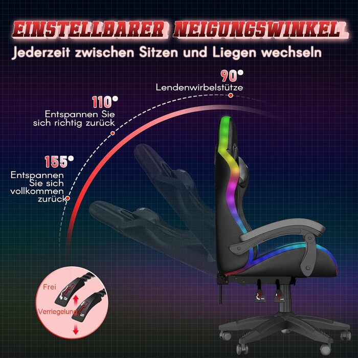 Світлодіодне ігрове крісло, ігрове крісло з мерехтливою світловою стрічкою, підголівником та поперековою опорою, регульована висота та нахил, вантажопідйомність 130 кг, ігрове крісло для ПК для ігрового офісу (чорне) Чорний колір зі світлодіодним підсвічу